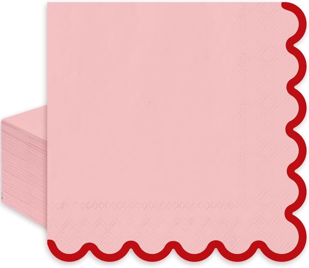 FYSUIMU 50 Pcs Pink Red Luncheon Napkins Disposable Paper Napkin Scalloped Decorative Dessert Dinner Hand Napkin for Valentine' s Day Wedding Home Party Table Supplies Decor