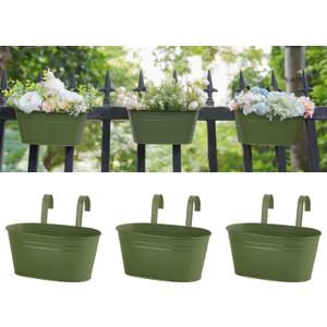 Dahey 10.5 Inch Metal Iron Hanging Flower Pots for Railing Fence Hanging Bucket Pots Countryside Style Outdoor Planter Window Flower Plant Holder with Detachable Hooks Home Decor,Green,3 Pcs