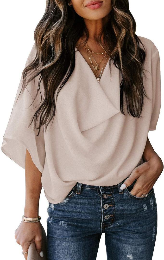 yoeasy Women's Loose Draped Cowl Neck Short Sleeve Chiffon Blouse Solid Casual Elegant Top (XXL)
