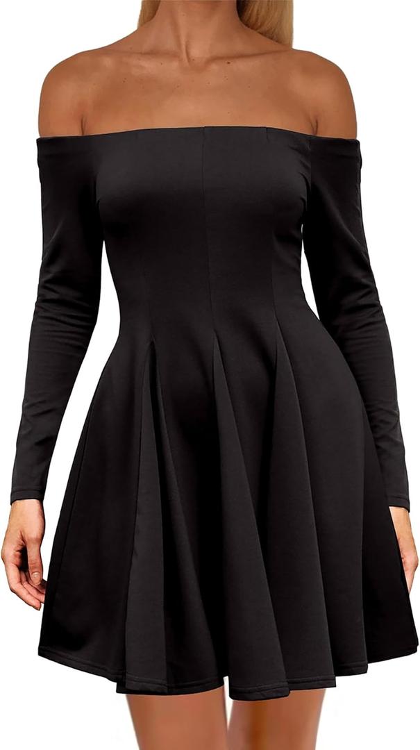 HYPERFIRE Women's Off The Shoulder Long Sleeve Short Dress A Line Pleated Mini Party Dresses (Black, S)