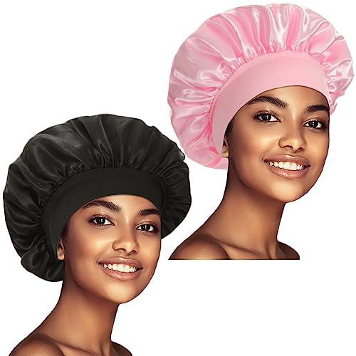 2 Pack Satin Bonnet Silk Bonnet for Sleeping Women, Hair Sleep Bonnets for Women, Wide Soft Band Large Sleep Cap for Curly Hair Braids