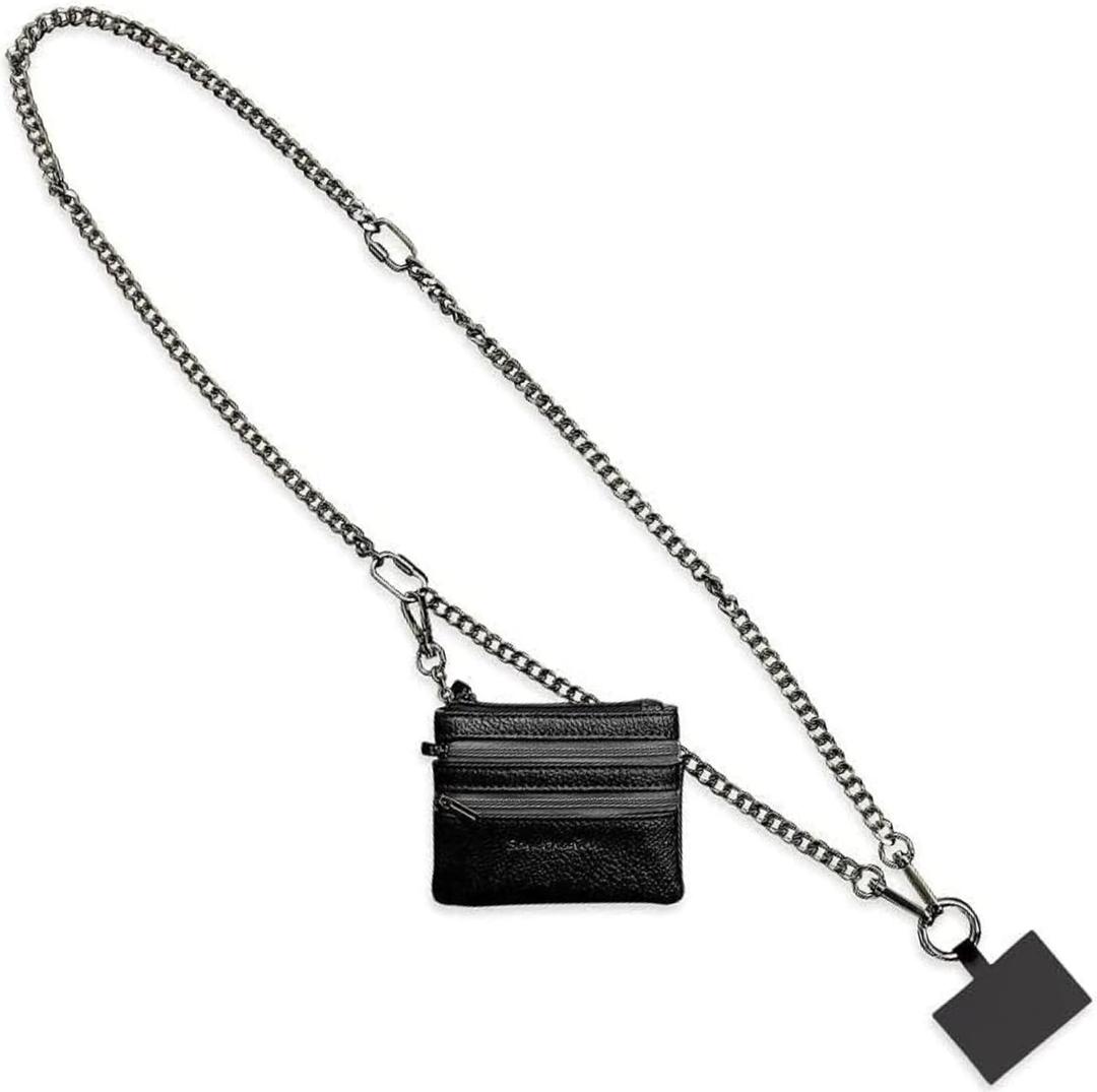 Clip and Go Phone Metal Chain with Pouch (Gun Metal - Black Pouch)  Stylish Phone Lanyard Crossbody with Wallet for Women, Hands-Free Carrying and Adjustable Crossbody Chain Strap