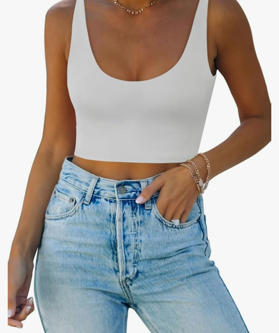 REORIA Butsmooth® Women's Basic Sexy Deep Scoop Neck Double Lined Seamless Sleeveless Cropped Cami Tank Yoga Crop Tops. Size L