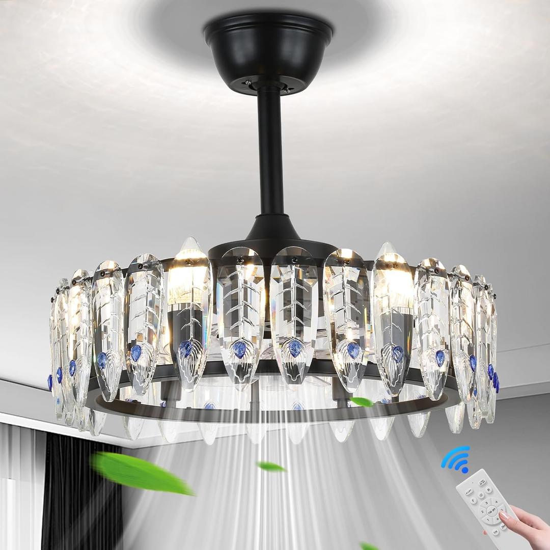 Modern 21" Black Flush Mount Ceiling Fan with Light & Remote - 6 Speeds, Crystal Chandelier Design, E12 Base Bulbs - Crystal Fandelier for Dining Room, Bedroom, Living Room