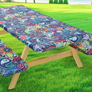 Moosfor Picnic Table Cover with Bench Covers, Elastic Fitted Spandex Tablecloths for 8 Foot Rectangle Tables, Stretch Washable Patio Tablecloth for Outdoor, Camping (Paisley, 30"x96")