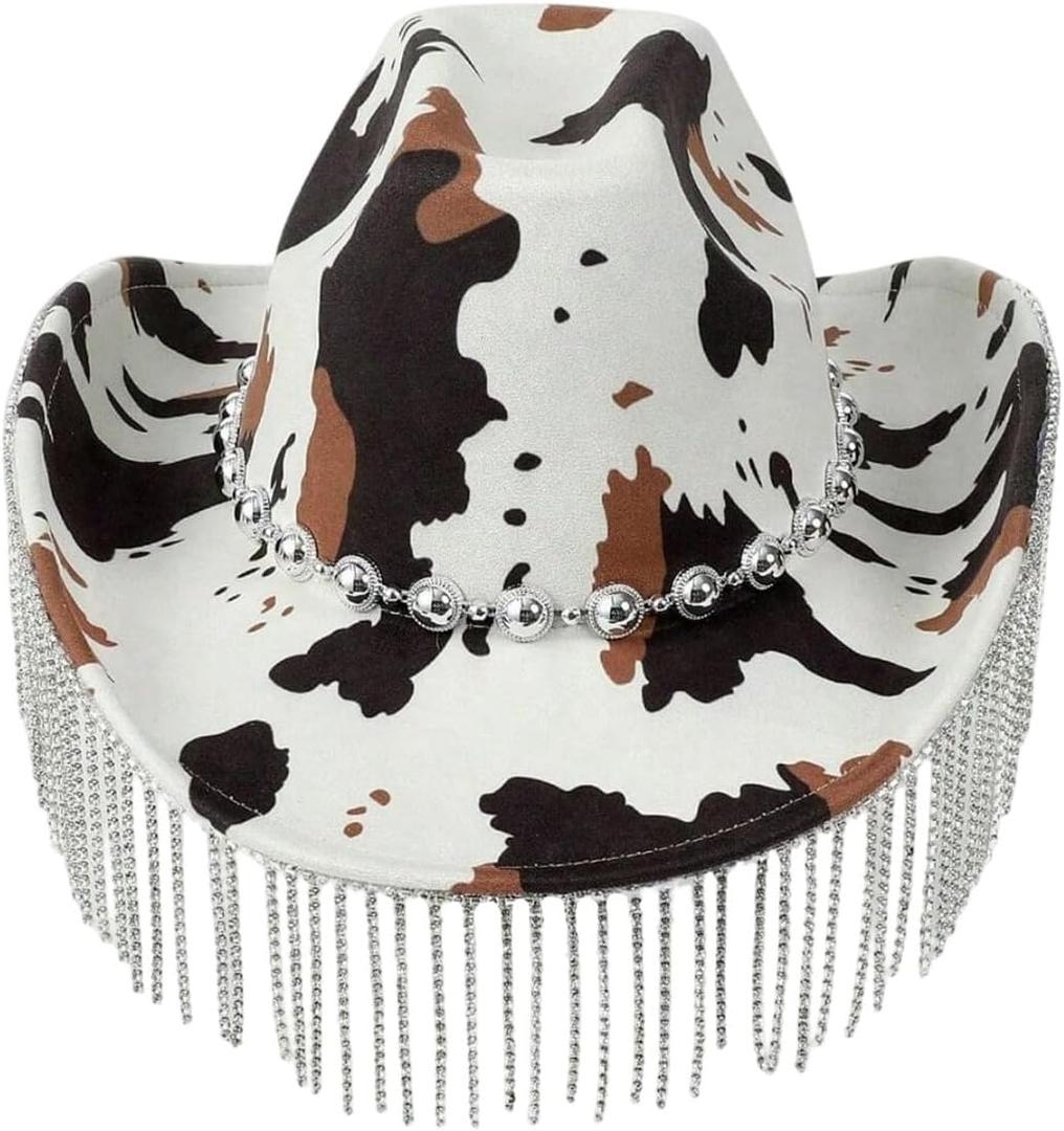 OYOANGLE Women's Cow Print Wide Brim Fringe Hat Beaded Western Cowgirl Hats Y2K Country Concert Outfits (Brown Black White)