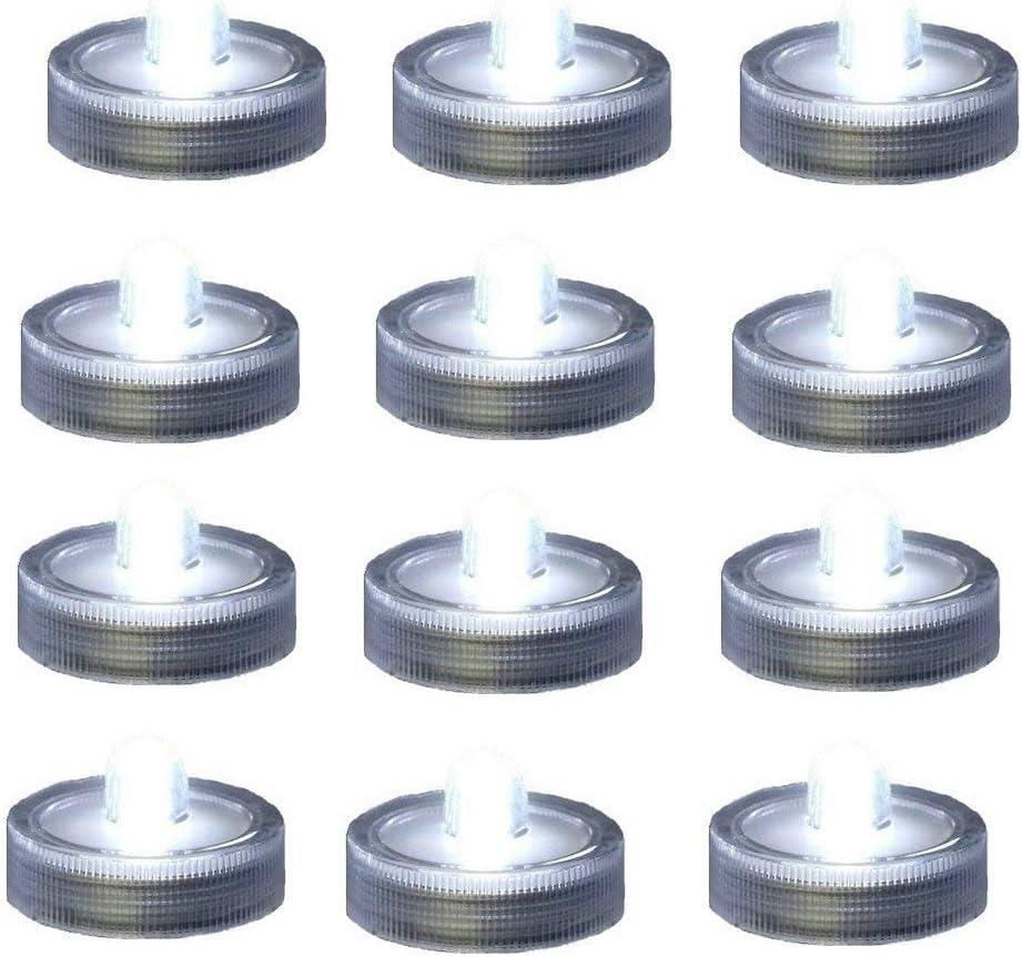 Bright LED Battery Operated Flameless Tea Light, Submersible Tea Candle Waterproof Decorations Underwater Vase Light for Party & Wedding, Pack of 12, Clear White