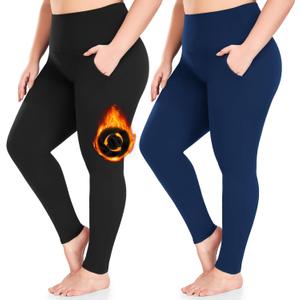 FULLSOFT 2 Pack Women's Plus Size Fleece Lined Leggings-Thermal High Waist Stretchy 1X-4X Yoga Pants for Winter Workout (3X-Large, 5-2 Packs With Pocket-black/Navy Blue)