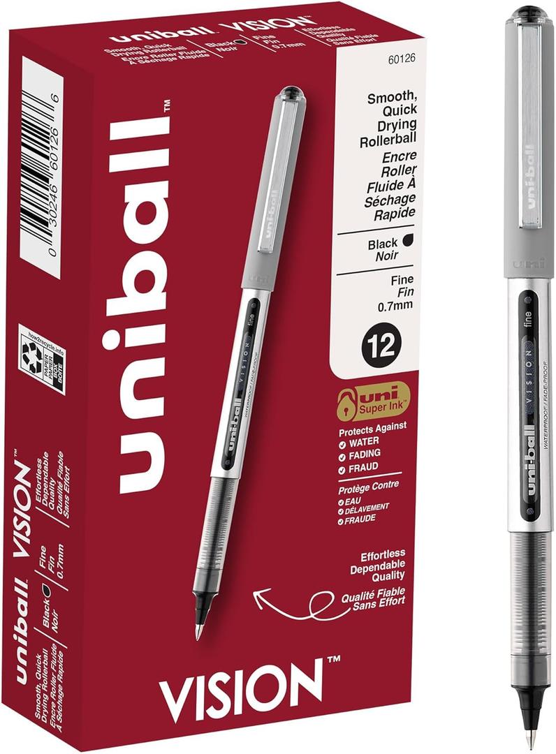 uni-ball(R) Vision(TM) Rollerball Pens, 0.7 mm, Fine Point, Gray Barrel, Black Ink, Pack Of 12, 60126