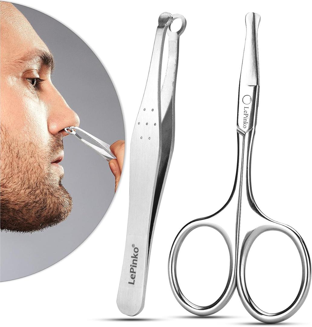 LePinko Nose Hair Trimmer For Men, Nasal Hair Tweezers For Women, Small Scissors For Hair Grooming (2PCS)