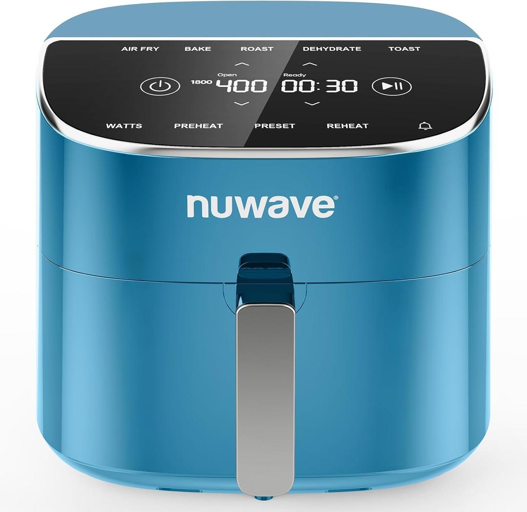 Nuwave Brio Plus 8 Qt Air Fryer, PFAS Free, New & Improved, Digital Touch Screen, Cool White Display, 50F~400F in Precise 5, 5 Cook Functions, 100 Presets & 50 Memory, 3 Wattages 700, 1500, 1800