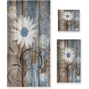 Rustic Daisy Bath Towels Set Blue Brown Floral Farmhouse Spring Country 3 Piece Bathroom Towel Set(1 Luxury Bath Towel 1 Hand Towel 1 Washcloth) Soft Absorbent Decorative Kitchen Shower Towel