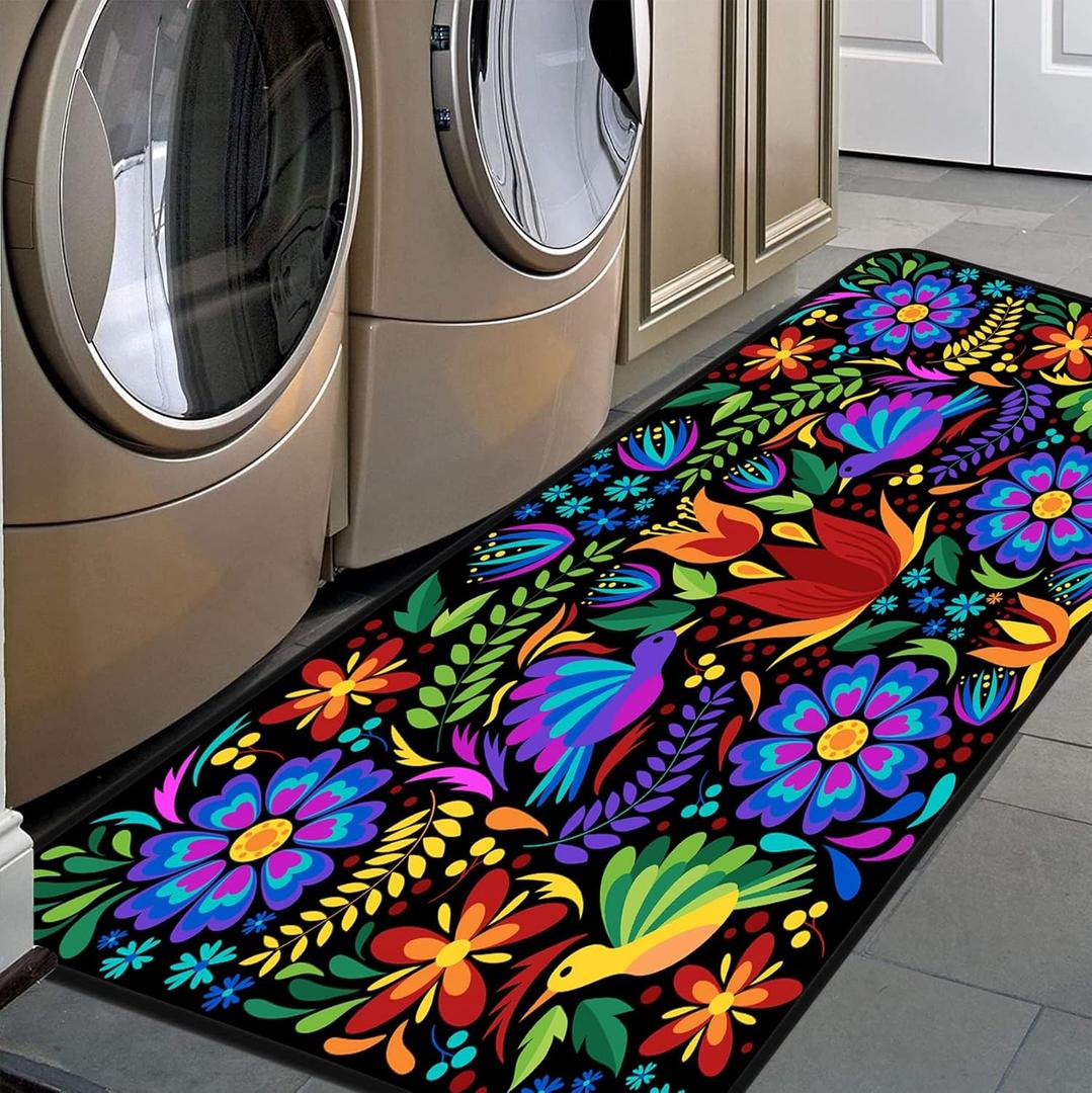 Colorful Mexican Floral Kitchen Rugs, Indoor, Outdoor, Non Slip Kitchen Floor Mats Area Rugs, Runner Rug, Laundry Room Rug 20x48 in