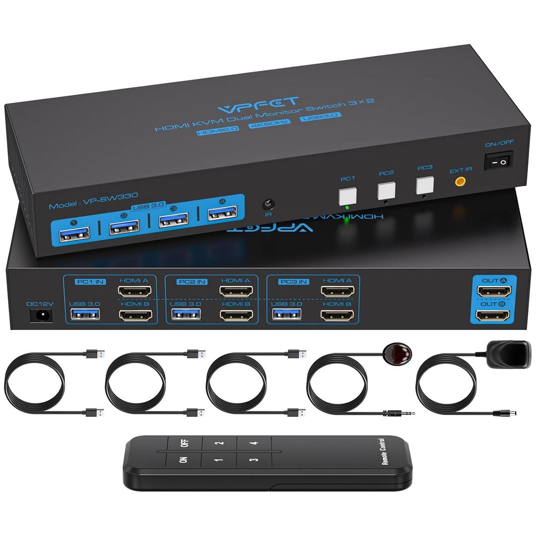 HDMI KVM Switch 2 Monitors 3 Computers EDID Simulation 4K@60Hz 3 Ports KVM Switches Dual Monitor for 3 PC Share 4 USB 3.0 Ports and 2 Screens with 3 USB Cables (Deep Blue)
