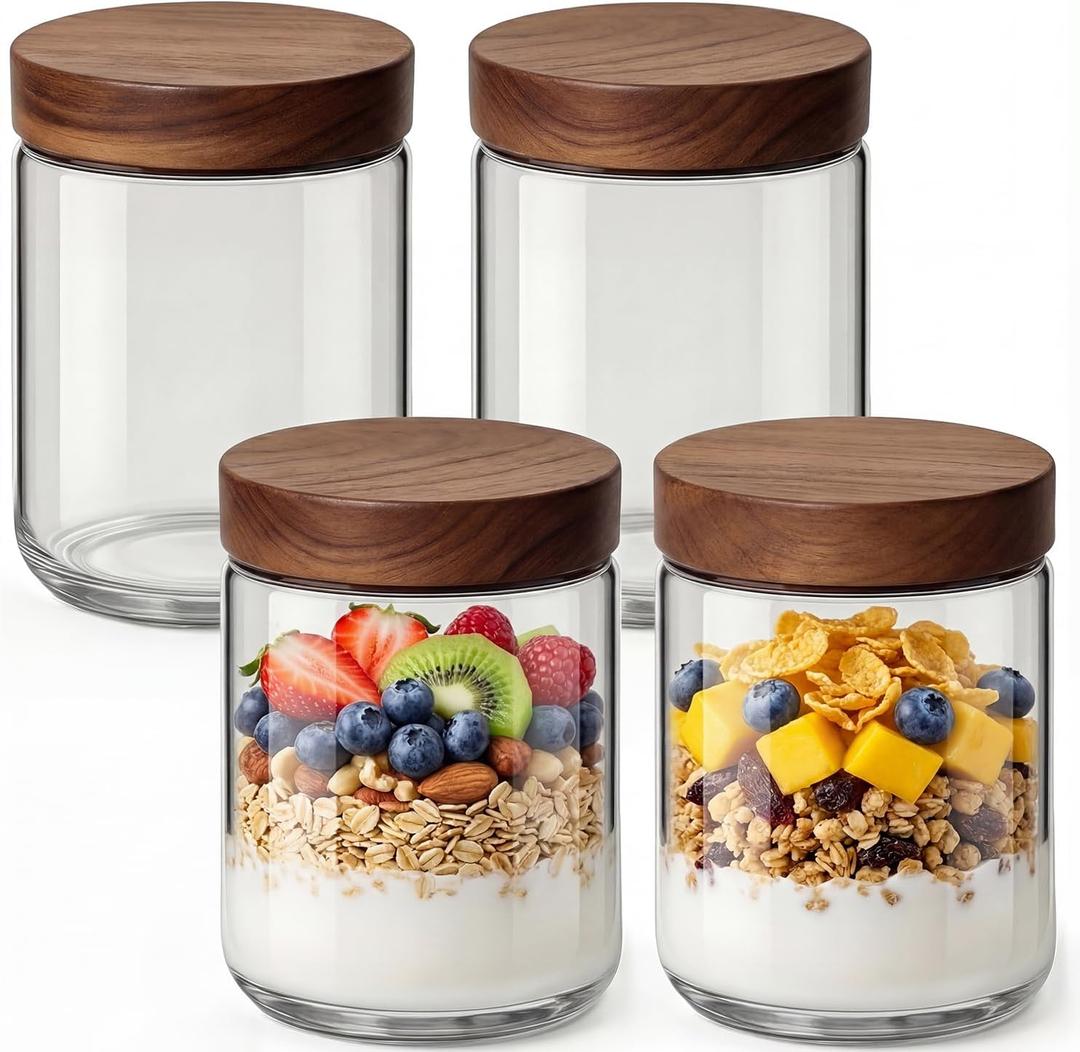 16oz 4 Pack Overnight Oats Containers with Lids, Glass Mason Jars with Acacia Wood Airtight Lids, Wide Mouth Meal Prep Storage Jars for Yogurt, Chia Pudding, Salad, Parfait, Snacks, Spice