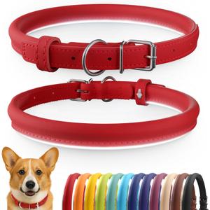 CollarDirect Reflective Rolled Leather Dog Collar, Soft Padded Round Puppy Collar, Handmade Genuine Leather Collar Dog Small Large Cat Collars 13 Colors (12-15 Inch, Red Smooth)