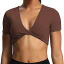 Aoxjox Short Sleeve Crop Tops for Women Sienna Twist Deep V Workout Cropped T Shirt Top (Dandelion Brown, XX-Large)