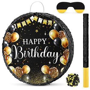 Sinmoe Birthday Piñata with Stick Blindfold and Confetti Large Piñata for Adult Men Women Birthday Party Supplies Decoration Wedding Anniversary(Black and Gold)