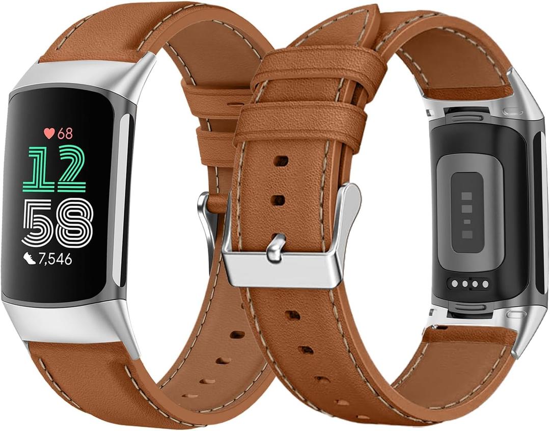 Leather Strap for Fitbit Charge 6 / Fitbit Charge 5, Soft PU Leather Bracelet Wristband, Replacement Watch Bands - Brown
