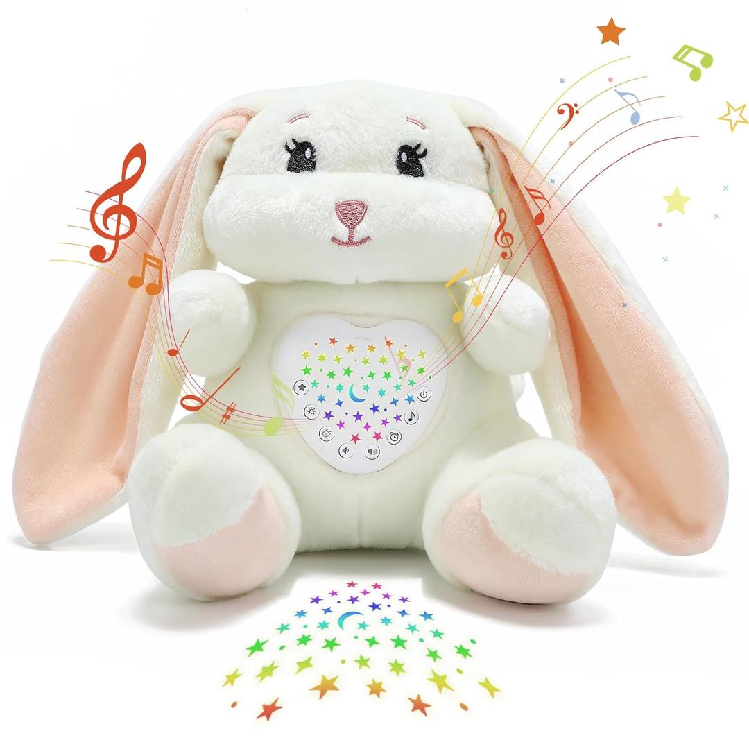Baby Sleep Soother Bedtime Bunny Toy with Cry Sensor, Moms Heartbeat Lullabies White Noise, Starlight Projector, Toddler Crib Sleeping Aid for Infant,Boy Girl Baby Gifts