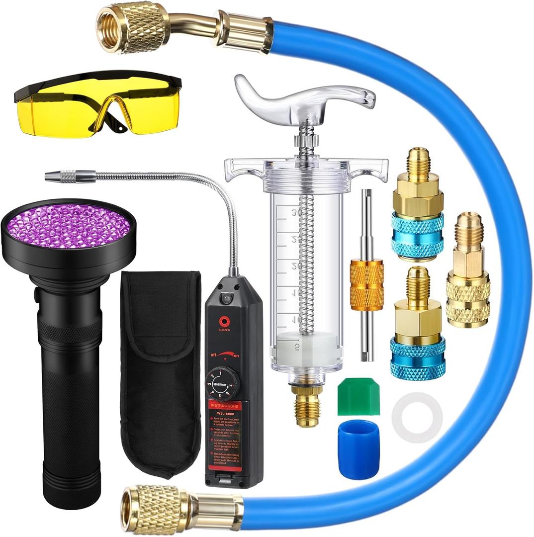 AC Leak Detector Kit R1234yf R134a R410a Hand Push Compressor 1oz/30ml AC Oil UV Dye Injector Kit Refrigerant Leak Detector Tool Low Side Quick Coupler Mini Split Adapter Glasses Flashlight