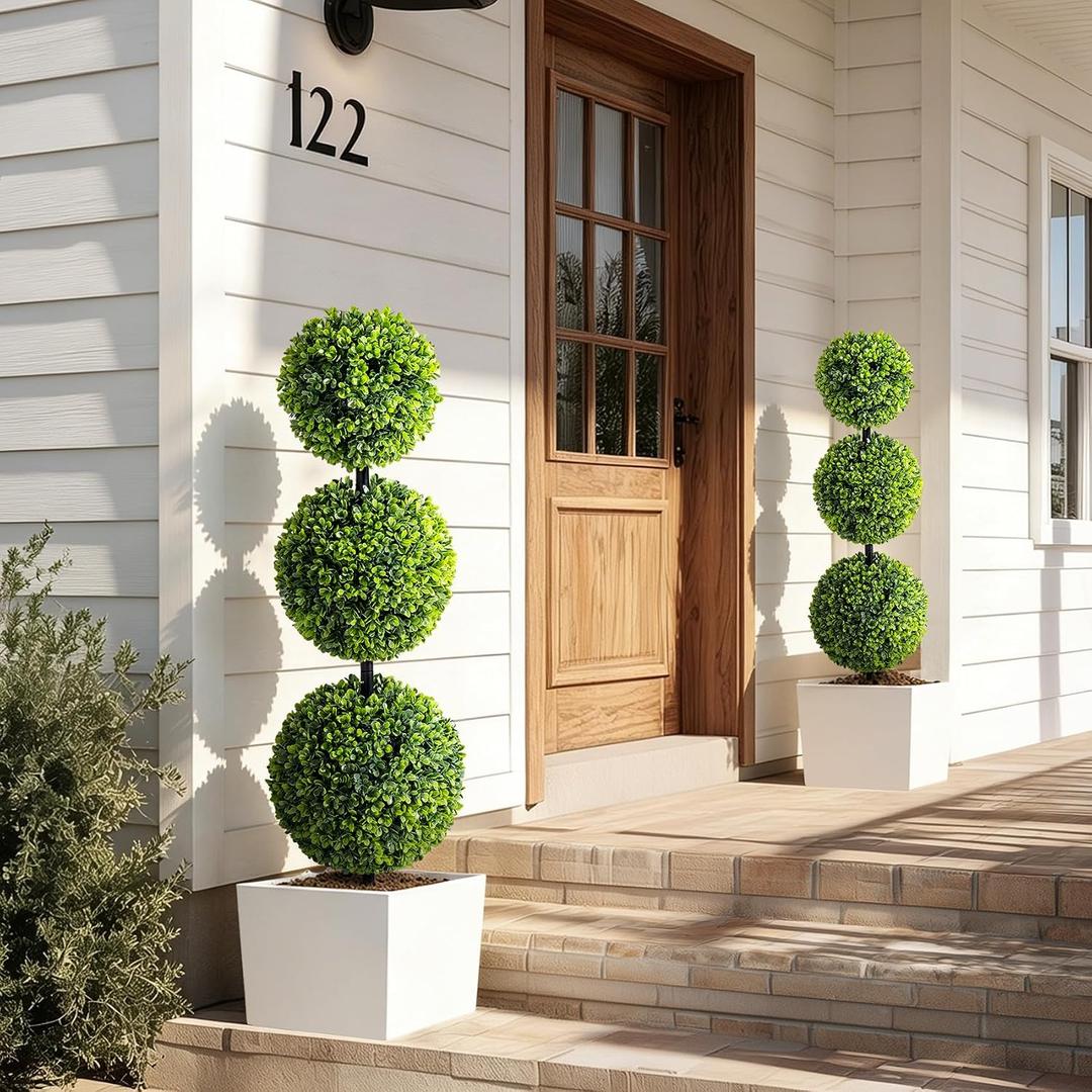 1 Pack  uv resistant Artificial Triple Ball Boxwood Topiary fake plants indoor outdoor realistic floor plants faux plastic plantas for home Garden Porch patio Entryway All-Weather corner office decor