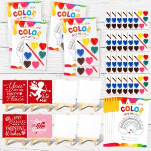 Daifunli 72 Pcs Valentine's Day Gifts for Kids Includes 24 Heart Shape Watercolor Paint Valentine's Day Cards and Canvas Panel with Wooden Easel Valentines Exchanges Party Favor(Novel Style)