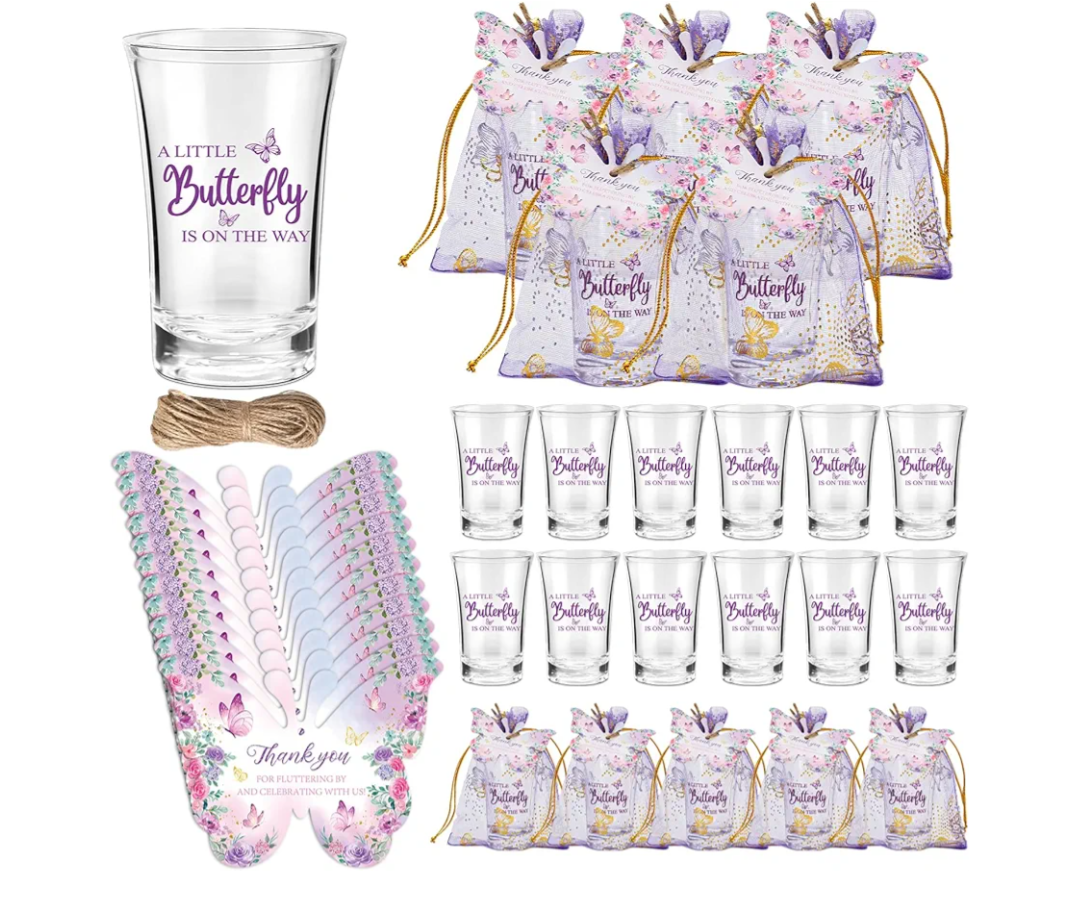 50 Sets Butterfly Baby Shower Party Favors A Little Butterfly Is on The Way Acrylic Clear Shot Glasses with Thank You Tags Purple Organza Bags for Guests Supplies