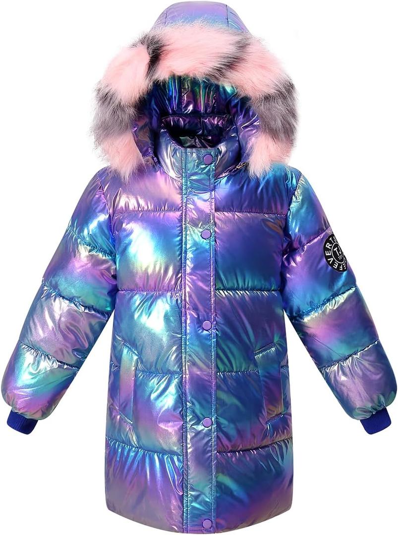 Girl Waterproof Long Coat Winter Puffer Jacket Kid Metallic Shiny Hooded Clothes (6-7 Years, Purple)