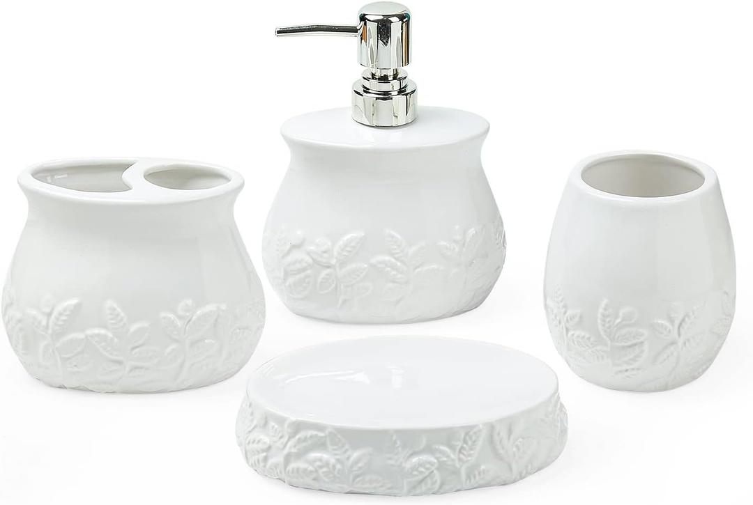 Ceramic Embossed Leaves Bathroom Accessories Set, 4 Piece Bathroom Ensemble Set with Toothbrush Holder, Toothbrush Cup, Soap Dispenser, Soap Dish (White)