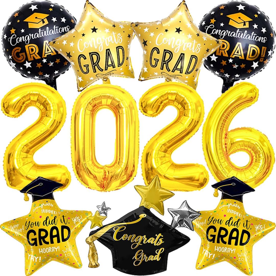 2 x 2026 Balloons Graduation Decorations, Gold 2026 Balloon Black Graduation Hat Balloon Grad Foil Balloons for 2026 Black and Gold Graduation PartyDecorations
