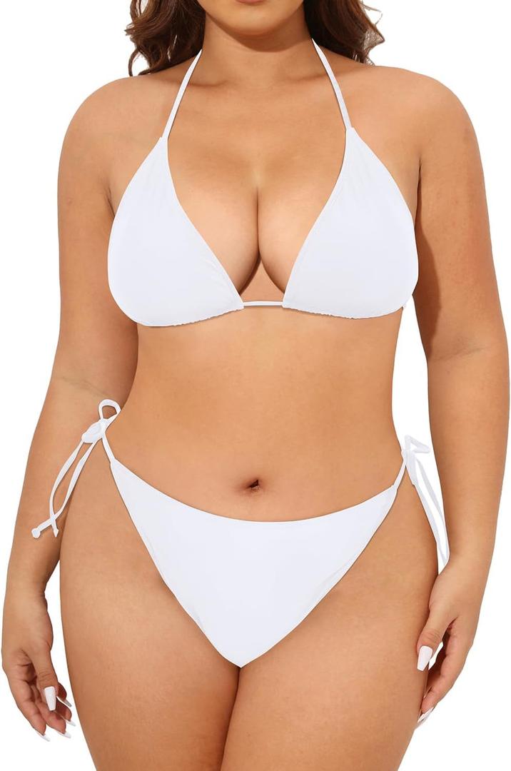 Tempt Me Women Plus Size Triangle Bikini String Two Piece Halter Tie Side Swimsuit (White)