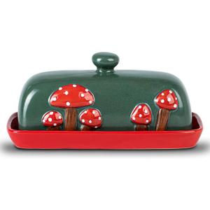 Mushroom Ceramic Butter Dish With Lid for Countertop - Red Container Tray, Large Covered