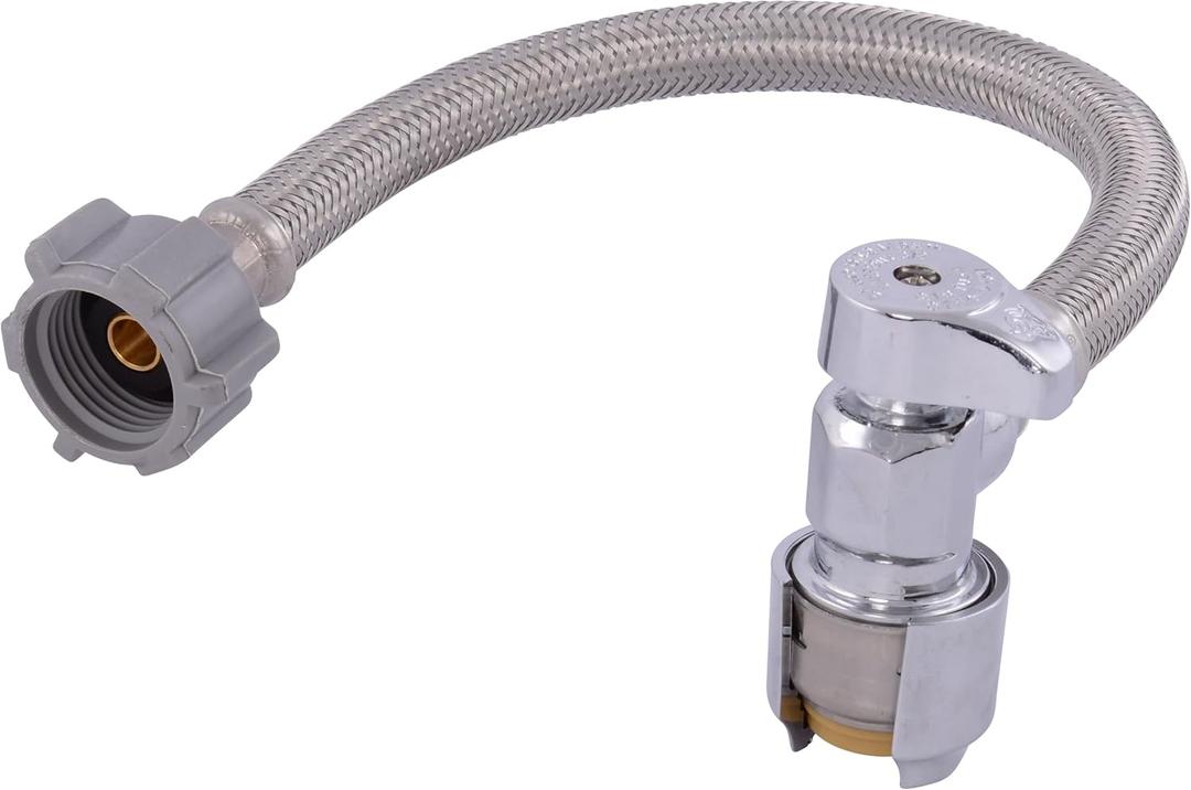 SharkBite Max 12 In. Stainless Steel Braided Toilet Connector with Angle Stop Valve, 1/2 Inch PTC x 7/8 Inch Ballcock, PEX Pipe, Copper, CPVC, PE-RT, HDPE, UR24656