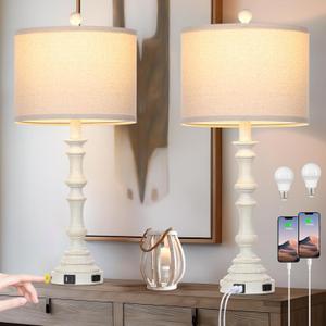 27.5" Farmhouse Table Lamps Set of 2 with USB C+A Ports & AC Outlet for Vintage Living Room Retro Bedroom,3-Way Dimmable Touch Lamp Resin Bedside Lamps for Nightstand Side End Table,White-1
