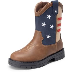 DREAM PAIRS Boys Girls Cowboy Boots Kids Western Riding Mid Calf Boots with Side Zipper (Toddler/ Little Kid/ Big Kid), Size 12 Little Kid, Brown/ Navy, KKUMMB2504