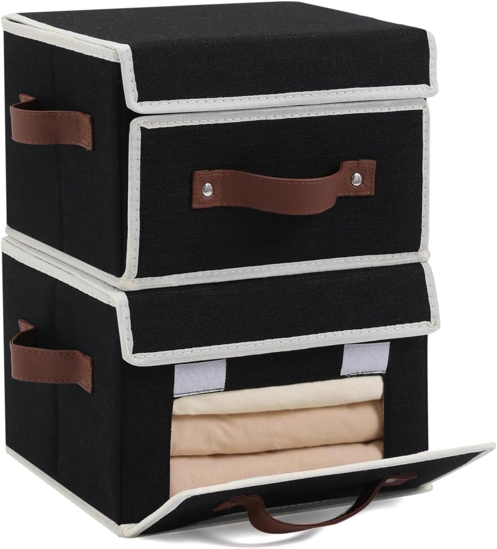 2PCS Storage Bins Box with Lids Front Opening Window Decorative Cotton Linen Fabric Basket PU Leather Handles PP Board Foldable Washable Shelf Closet Organizer Container (Black, Small)