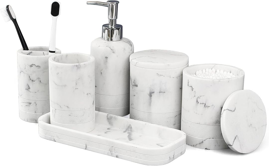 LIN CHUAN 6-Piece Bathroom Accessories Set, Organizer Set with Soap Dispenser, Toothbrush Holder Set, Vanity Tray, Tumbler & 2 Cotton Swab Jars  Modern Stylish Bathroom Storage(Marble White)