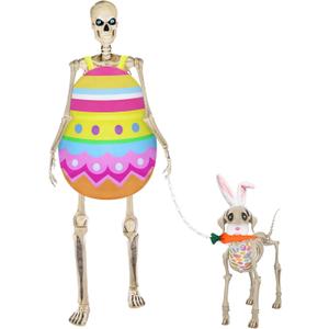 6 Pcs Easter Giant Skeleton Costume Set for 12ft Skeleton & 7ft Skeleton Dog Easter Egg Costume , Bunny Ear Headband, Carrot Prop, 8.2 ft Dog Leash, for Spring Yard Decor (Skeletons Not Included)