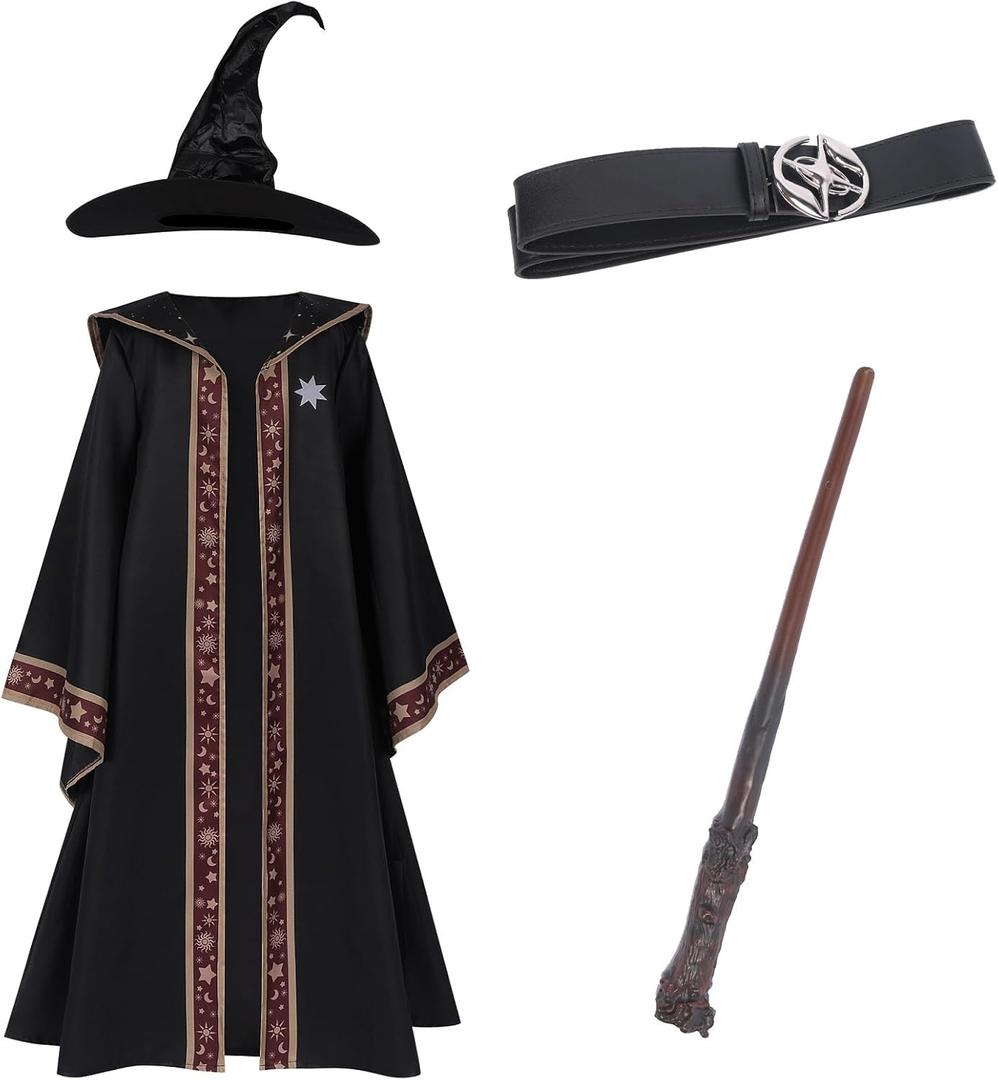 Colorful House Child Dark Wizard Costume for Kids with Hat and Belt and Magic Wand Halloween Party Cosplay (M/8-10Y, Black)