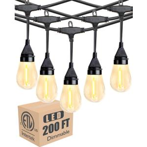 Lightdot 200FT Outdoor String Lights, LED Bistro String Lights with Shatterproof S14 Vintage Bulbs, 2200K Dimmable, Waterproof Hanging Lights for Porch, Deck, Garden, Backyard, Balcony - ETL Listed