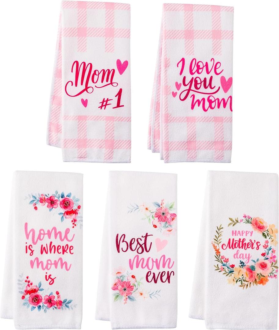 R HORSE 5Pcs Best Mom Kitchen Dish Towel Set Mother Pink Floral Absorbent Drying Dish Tea Towels Bar Hand Dishcloths Kitchen Rag Happy Mother's Day Decor for Bathroom Home Housewarming Supplies