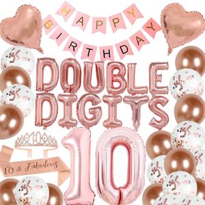 40 Pieces 10th Birthday Decorations Double Digits Party Balloons Happy Birthday Banner Number 10 Rose Gold Foil Balloons Latex Balloons for 10 Year Old Girls Party (Rose gold)