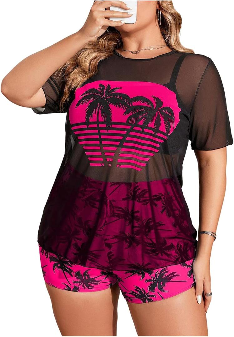 Women's Plus Size 3 Piece Swimsuits Tropical Tankini Shorts Set High Waisted Bathing Suit with Sheer T-Shirt Cover Up (X-Large Plus)