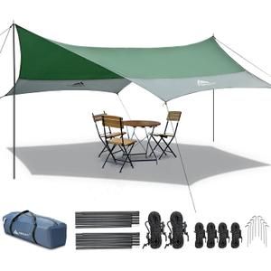 Forceatt 12x14FT Waterproof Camping Tarp with 2 Poles, Sun Shelter for Car, Tent, Hammock in Camping, Hiking, Backpacking, Garden and Traveling (Green & Gray)