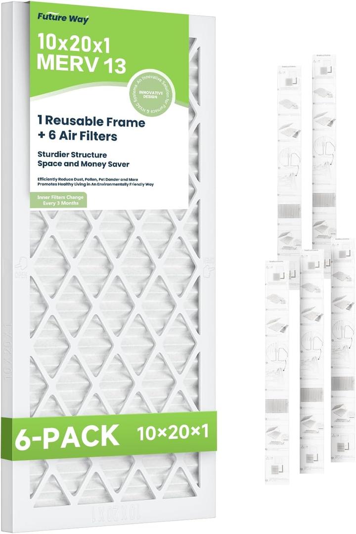 Future Way 10x20x1 Air Filters, 6-Pack with Reusable Frame, MERV 13, MPR 1900 AC Furnace Filters, Space Saving & Cost-effective