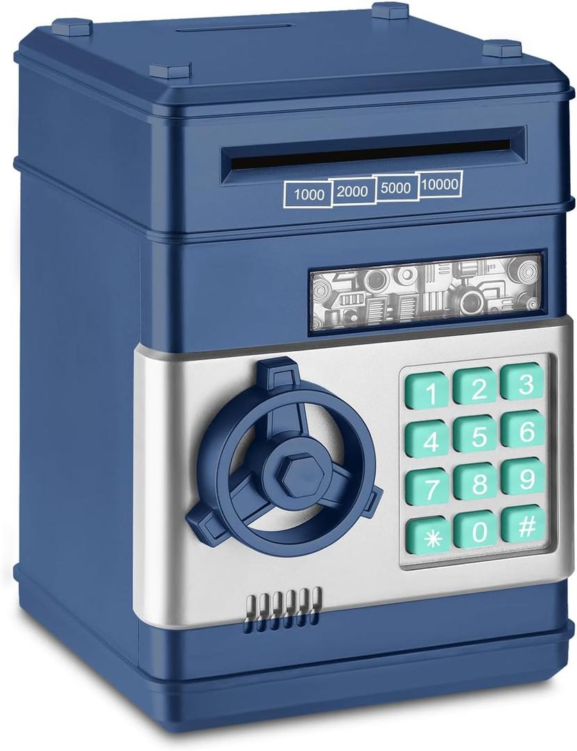 Piggy Bank, Electronic Password Cash Coin Can Auto Scroll Paper Money Saving Box Toy Gift for Kids (Navy Blue)