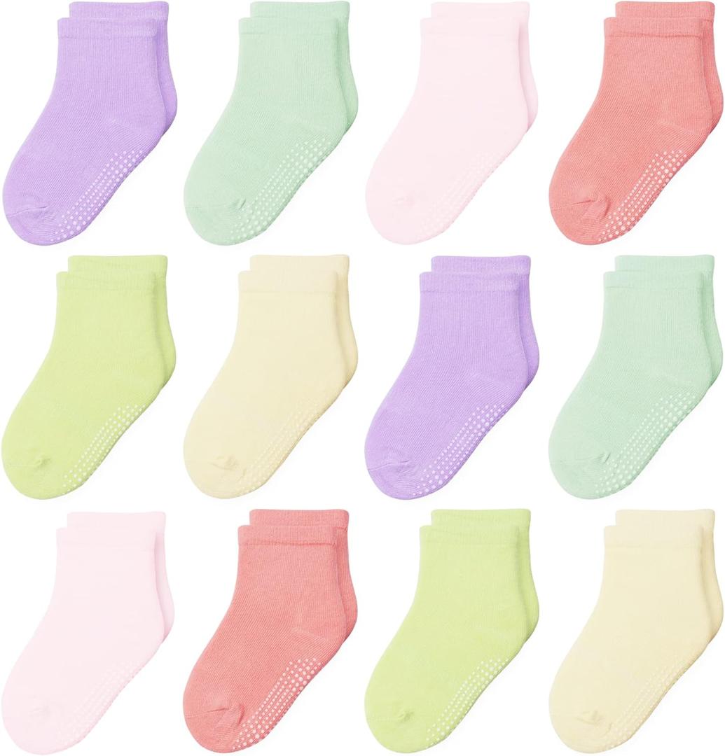 12 Pack Non Slip Kids Toddler Baby Socks with Grips for 1-7 Years Boys Girls Cotton Crew Socks Multi Colors (Pink/Blue/Green/Yellow/Orange/Purple)