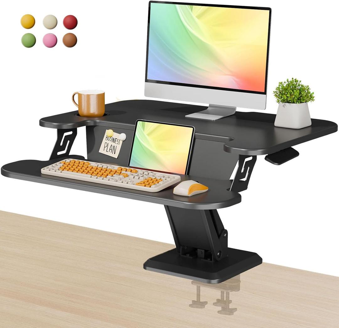 28" Standing Desk Converter, Height Adjustable Clamp Desktop Riser with Keyboard Tray, Sit Stand Monitor Riser Workstation for Home Office, Magnets Inclued, Black