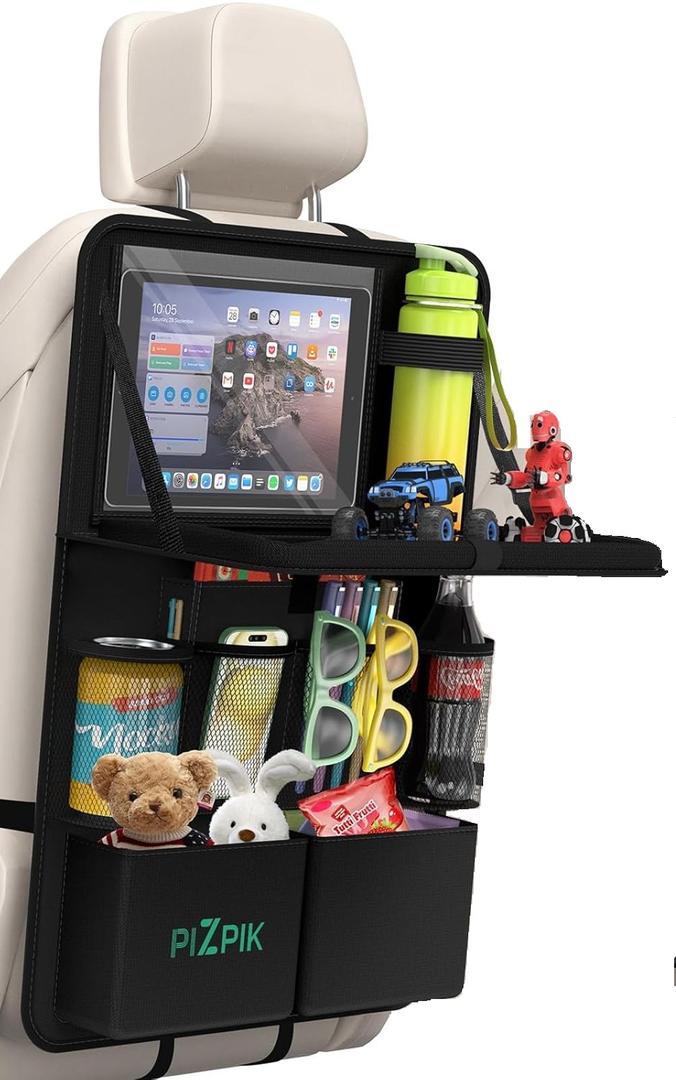 Car Backseat Organizer with Tablet Holder, 11 Storage Pockets with Foldable Food Tray, Protector Kick Mats for Kids, Travel Accessories Organizer (Black, 1 Pack)